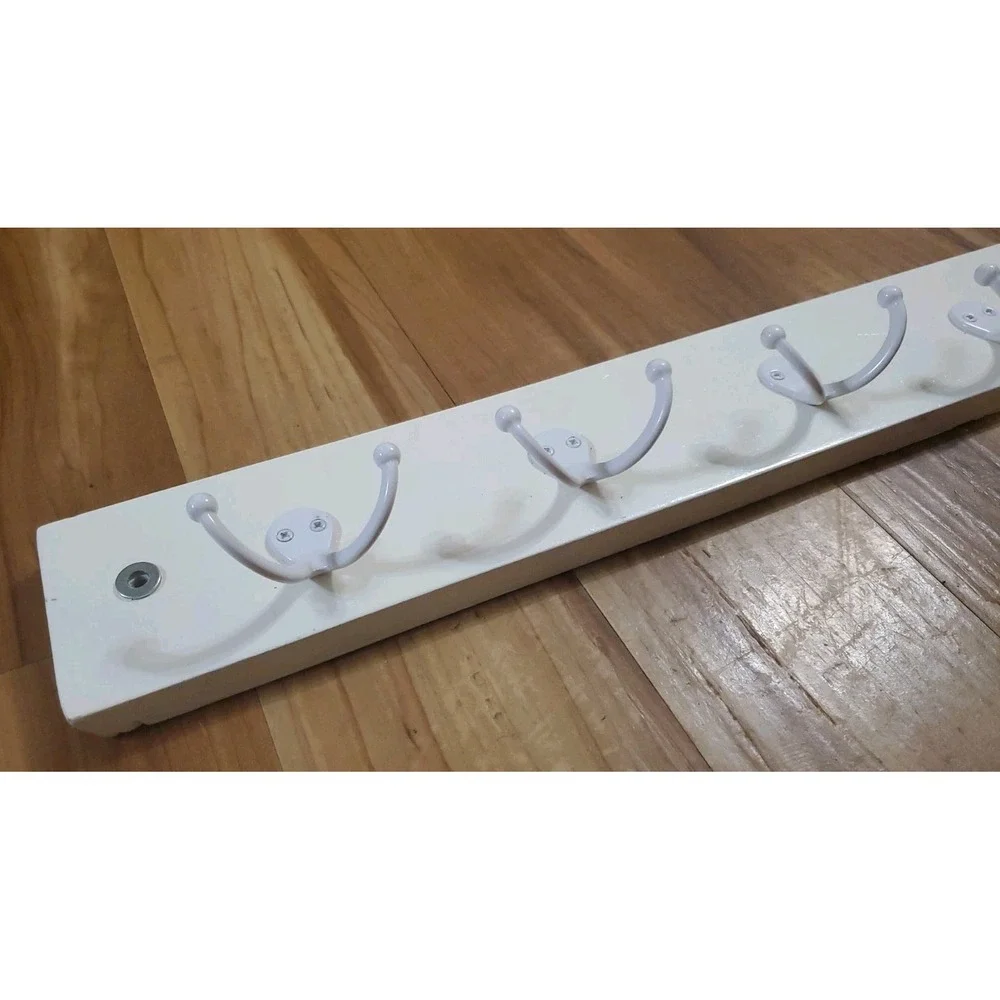 White Wooden Wall Mount Hook Rail 4 Heavy Duty Double Hooks Towel Hanger